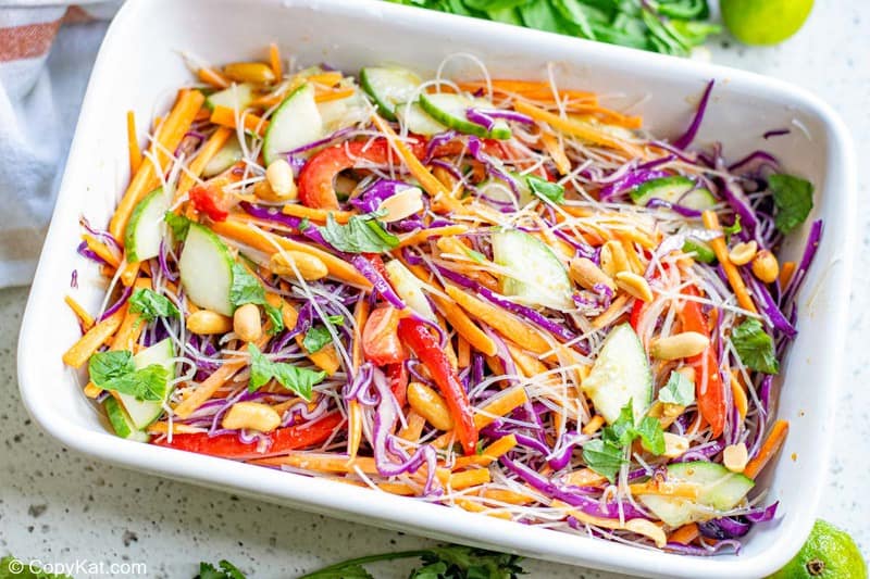 Thai noodle salad in a rectangular dish