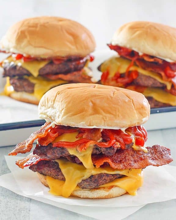 Three homemade Wendy's baconator burgers