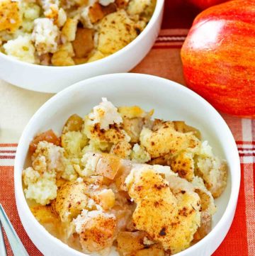 two apples and two bowls of Bisquick apple cobbler