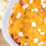 chili cheese dip in a baking dish