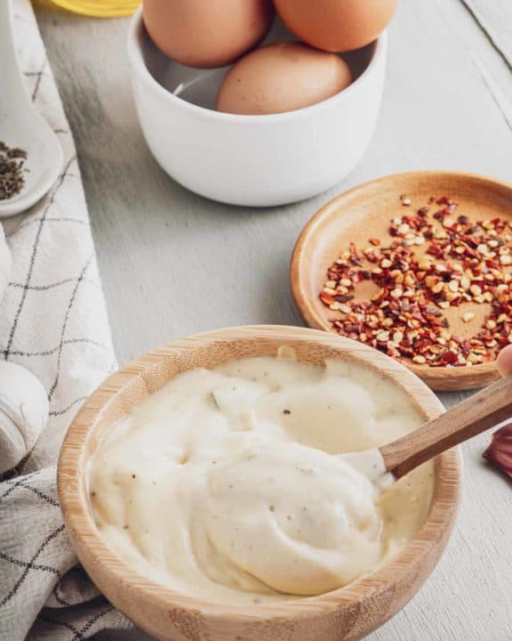 homemade garlic aioli, red pepper flakes, and eggs