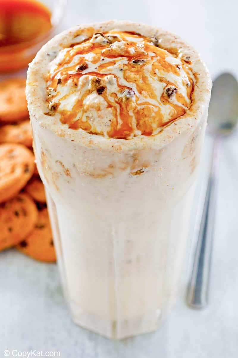 homemade McDonald's Chips Ahoy McFlurry with caramel sauce on top