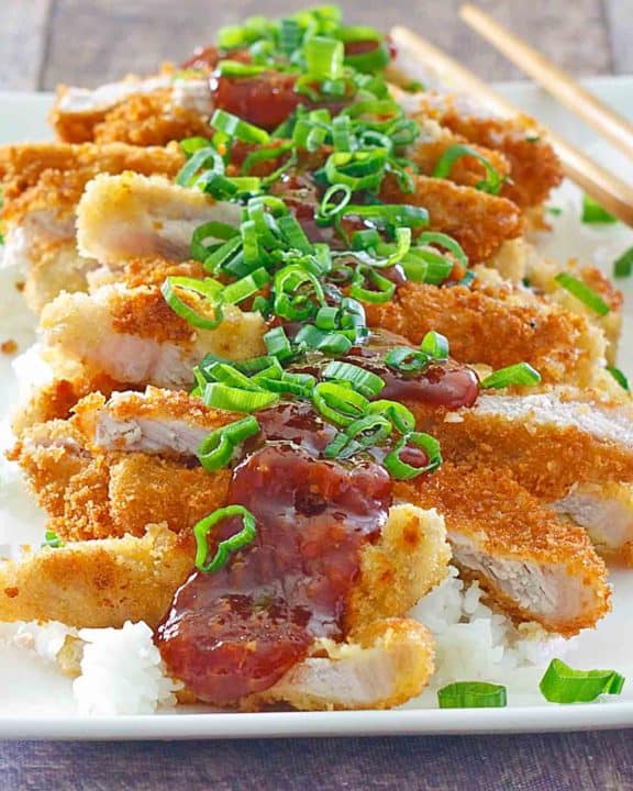 pork katsu and rice on a platter