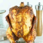 smoked beer can chicken on a holder
