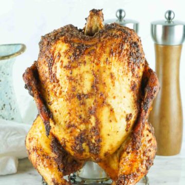 smoked beer can chicken on a holder