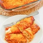 sour cream chicken enchiladas in a baking dish and on a plate