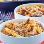 baked ziti in bowls and baking dish