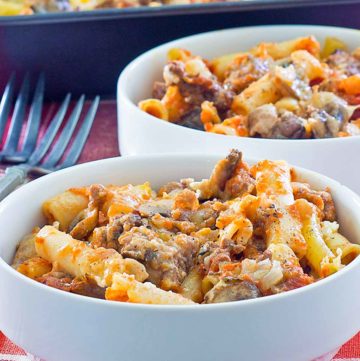 baked ziti in bowls and baking dish