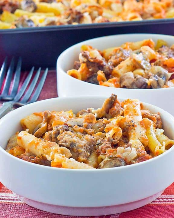 baked ziti in bowls and baking dish