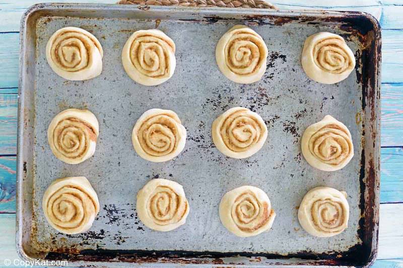 cinnamon roll dough slices on a baking sheet