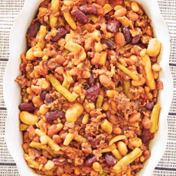 overhead view of calico beans in a serving dish