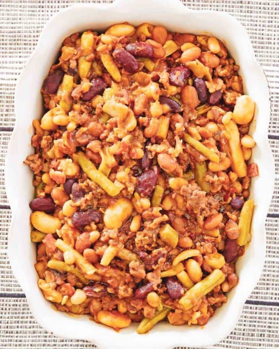 overhead view of calico beans in a serving dish