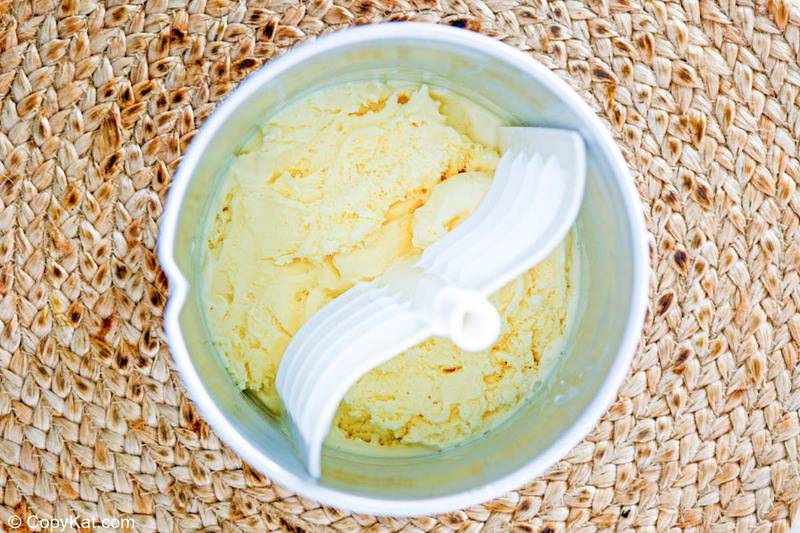homemade vanilla ice cream after freezing in an ice cream maker