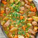 overhead view of lamb stew in a pan