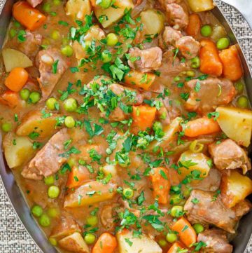 overhead view of lamb stew in a pan