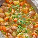 lamb stew in a pan and a serving spoon