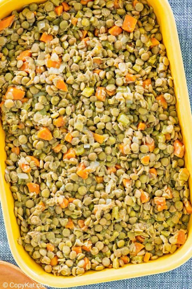overhead view of cooked lentils in a serving dish