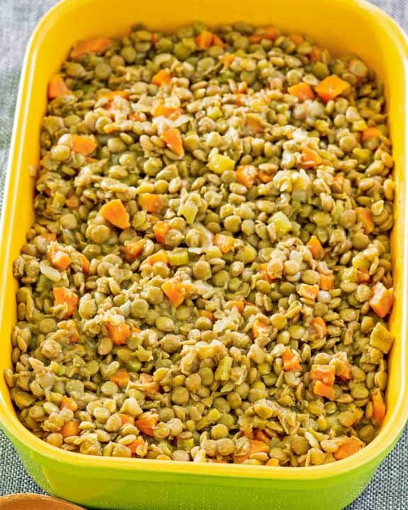 cooked lentils in a serving dish