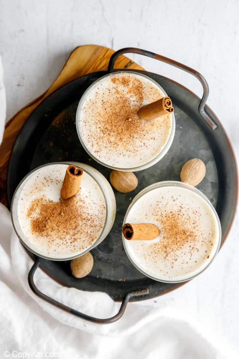 overhead view of 3 glasses of milk punch