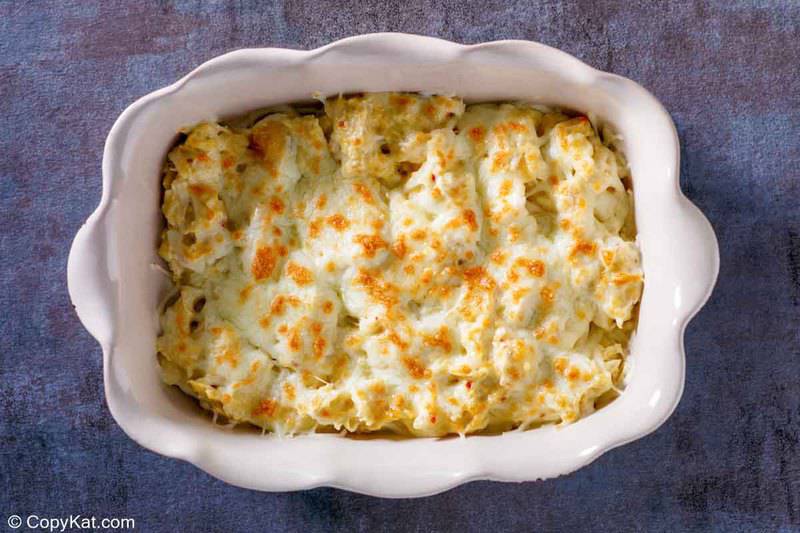 homemade Olive Garden angry alfredo with chicken in a baking dish