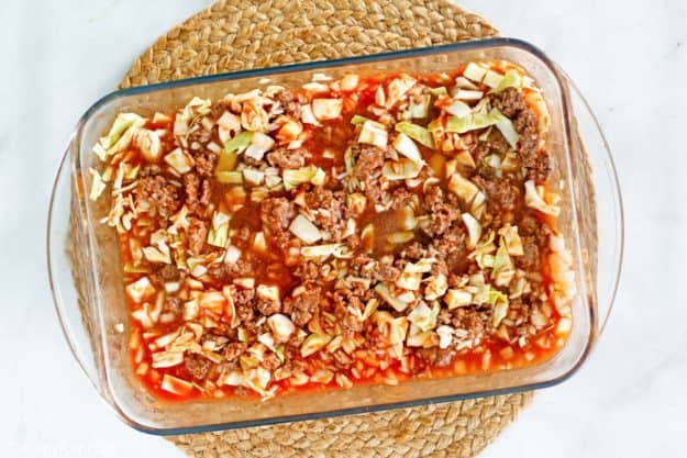 cabbage roll casserole in a dish before baking.