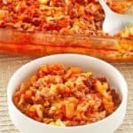 cabbage roll casserole in a bowl and baking dish.