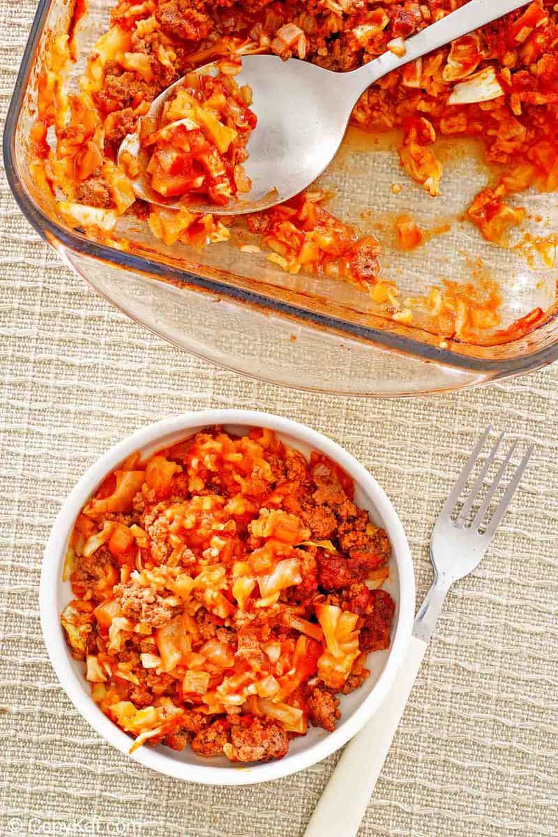 overhead view of cabbage roll casserole in a baking dish and bowl.