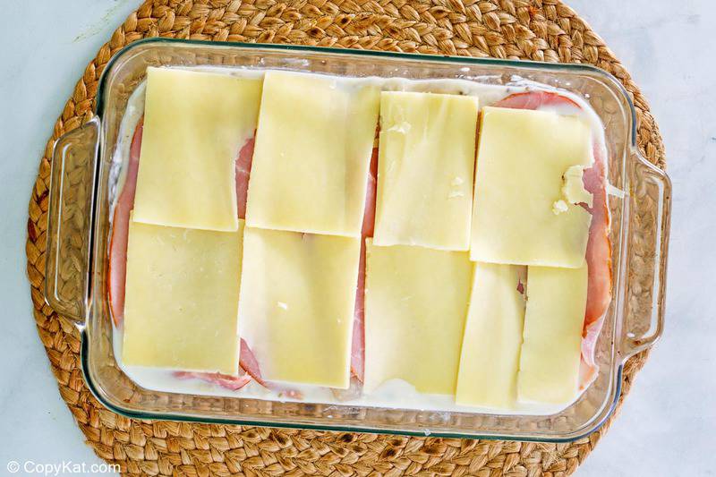 chicken cordon bleu casserole before baking.