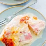 a serving of chicken cordon bleu casserole on a plate.