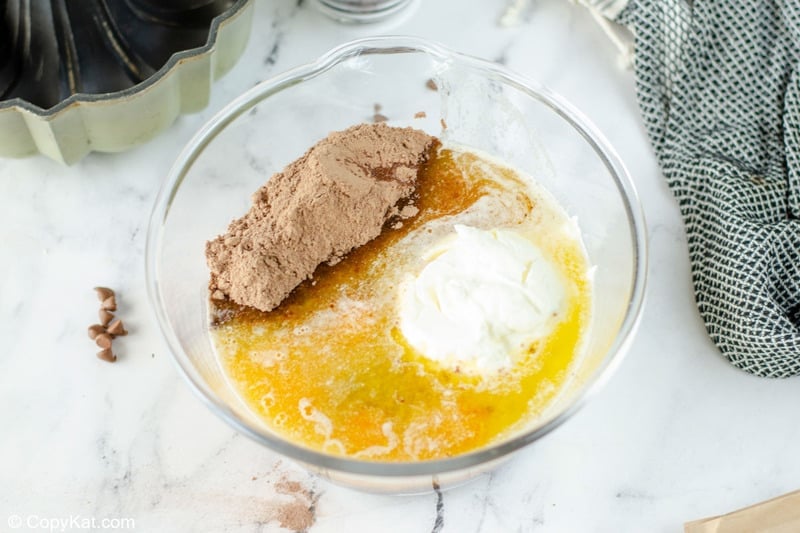 chocolate bundt cake ingredients in a mixing bowl.