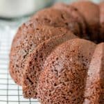 chocolate bundt cake on a wire rack.