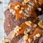 top of a chocolate bundt cake with chocolate glaze