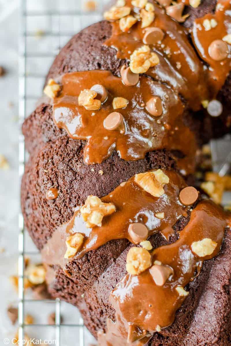 top of a chocolate bundt cake with chocolate glaze
