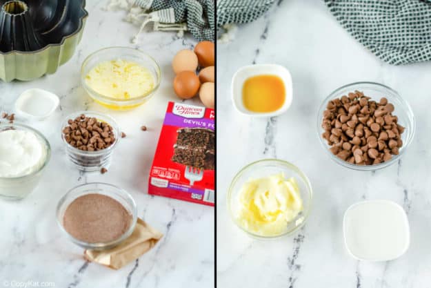 chocolate bundt cake and glaze ingredients