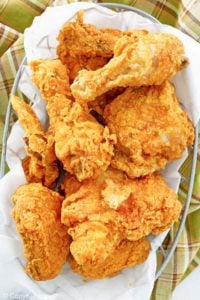 overhead view of homemade Cracker Barrel fried chicken in a basket.