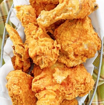 overhead view of homemade Cracker Barrel fried chicken in a basket.