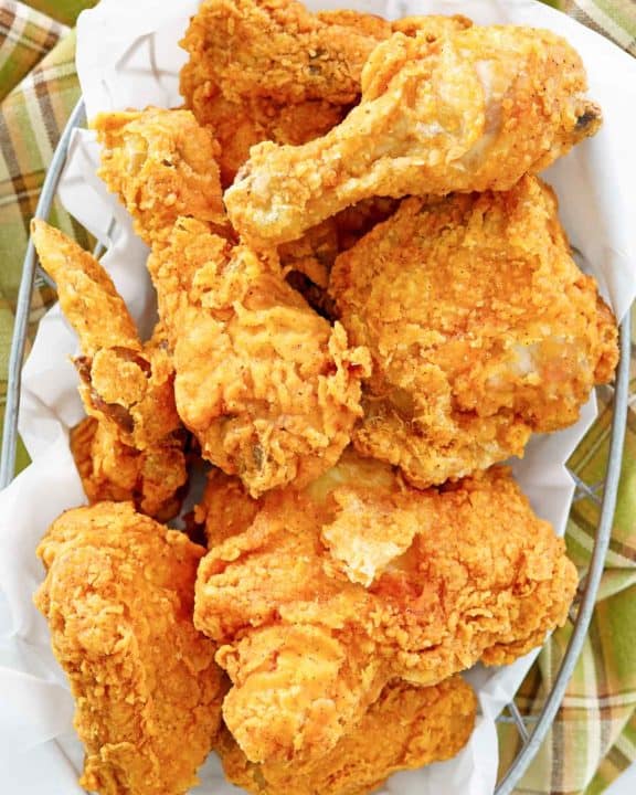 overhead view of homemade Cracker Barrel fried chicken in a basket.