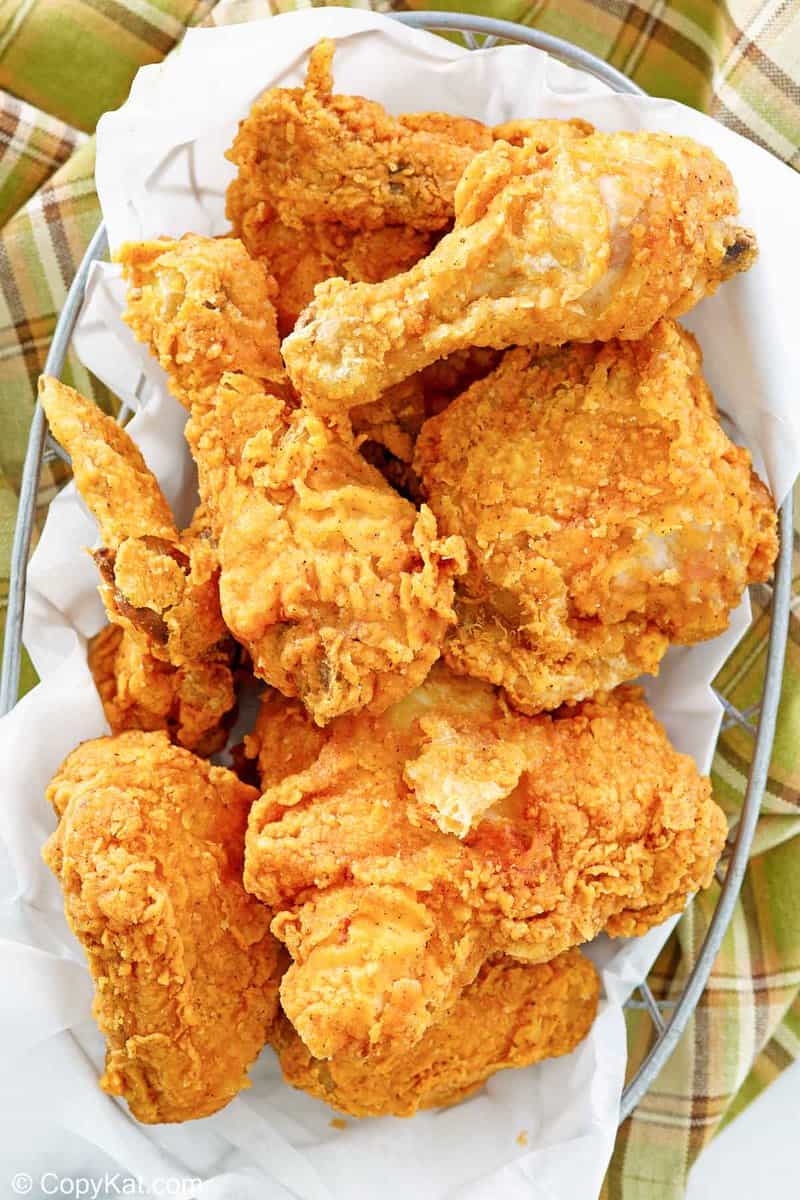overhead view of homemade Cracker Barrel fried chicken in a basket.