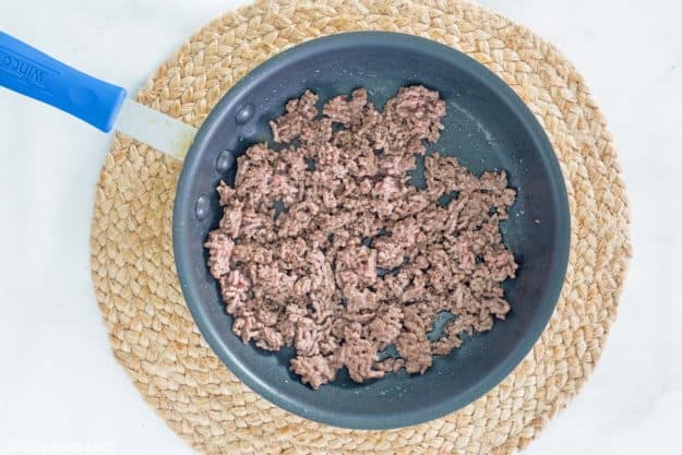 cooked ground beef in a skillet.