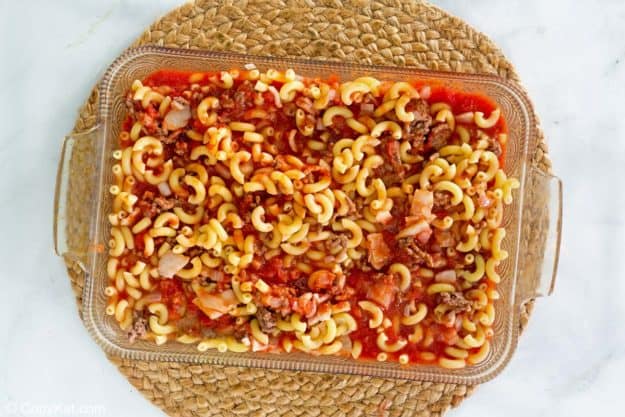 ground beef casserole mixture in a baking dish