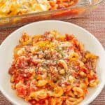 ground beef casserole in a baking dish and a bowl