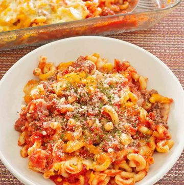 ground beef casserole in a baking dish and a bowl