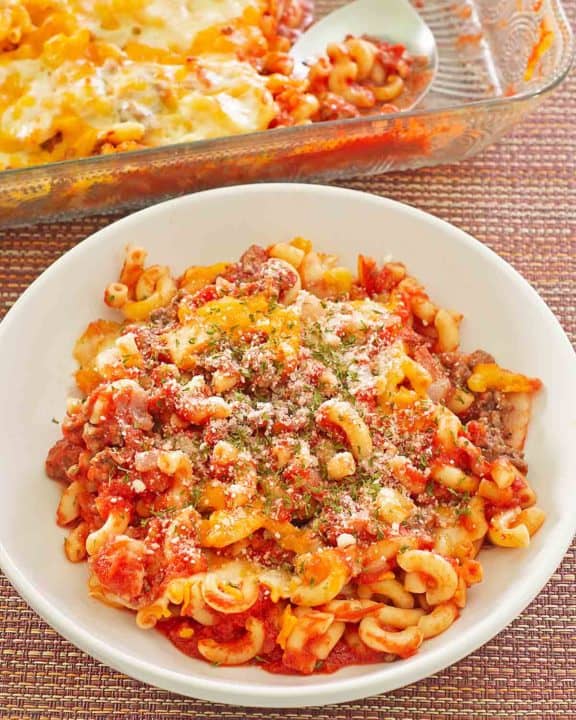 ground beef casserole in a baking dish and a bowl