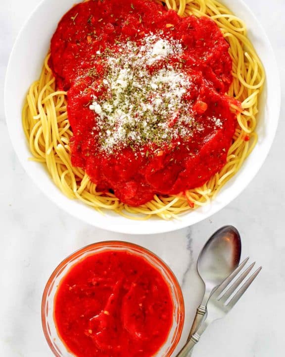 overhead view of homemade spaghetti sauce.