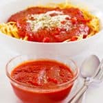 homemade spaghetti sauce in a bowl and on spaghetti noodles.