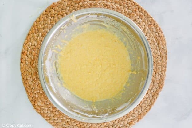 cornmeal batter for mini corn dogs in a bowl.