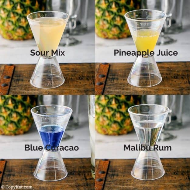 jiggers of sour mix, pineapple juice, blue curacao, and Malibu Rum
