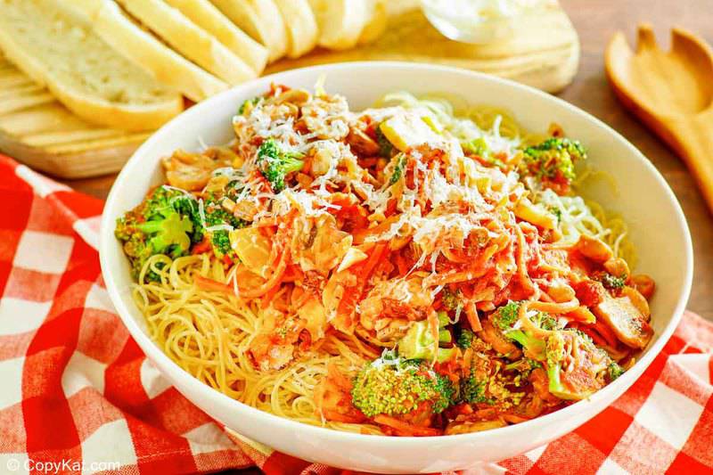 a bowl of homemade Olive Garden capellini primavera