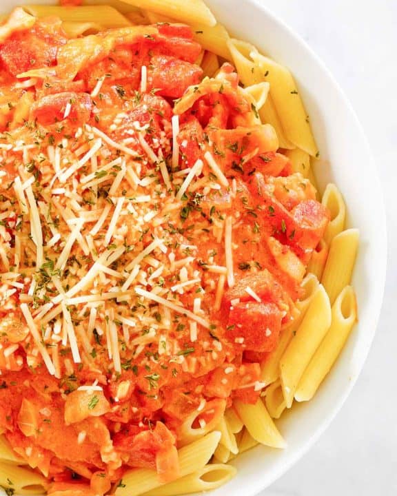 penne alla vodka in a bowl.