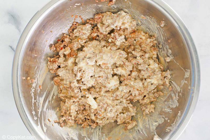 cooked sausage and cream cheese mixture in a bowl.